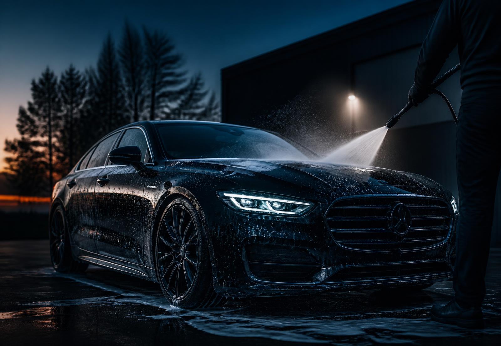 Black car being pressure washed at dusk
